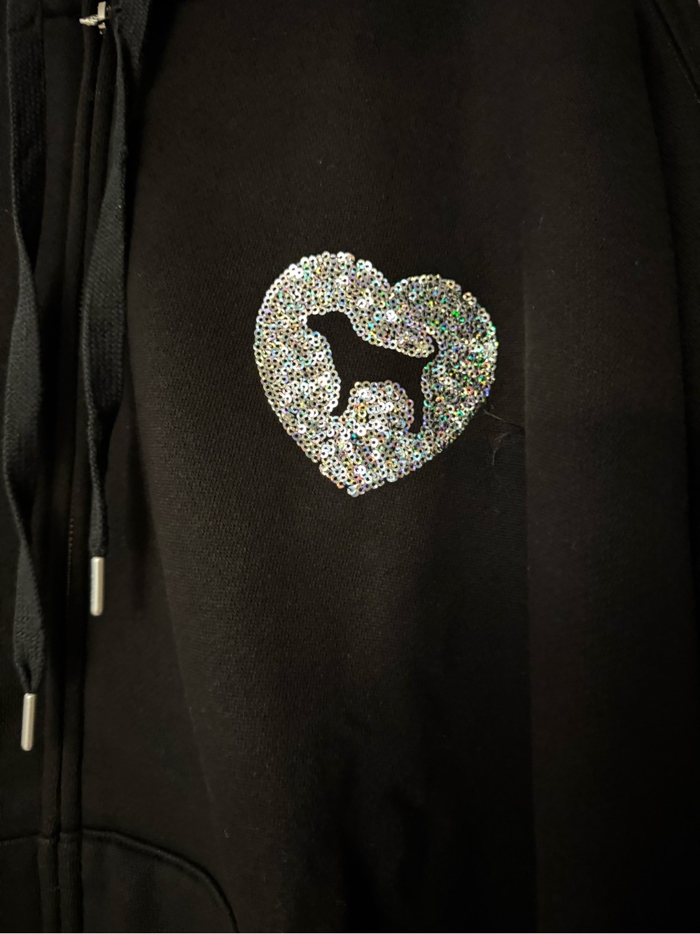 VS PINK CAMPUS FLEECE FULL ZIP HOODIE SWEATSHIRT BLACK BLING 86 LOVE HEART NWT - Picture 4 of 8
